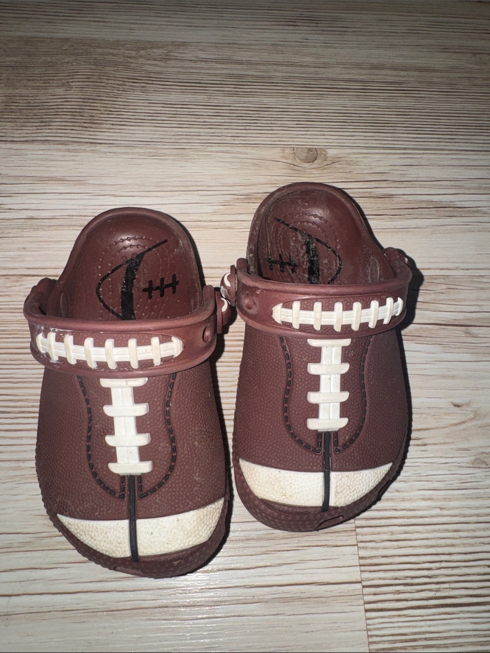 CROCS Brown & White Football-Detail Kids Slip-On Clogs